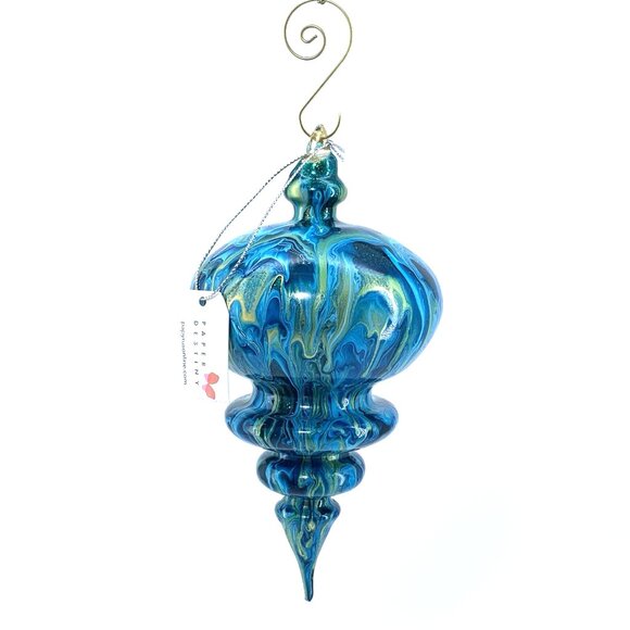 Hand-Blown Glass Ornament by Paper Destiny • Blue Green Swirl • Teardrop Finial - Picture 4 of 9